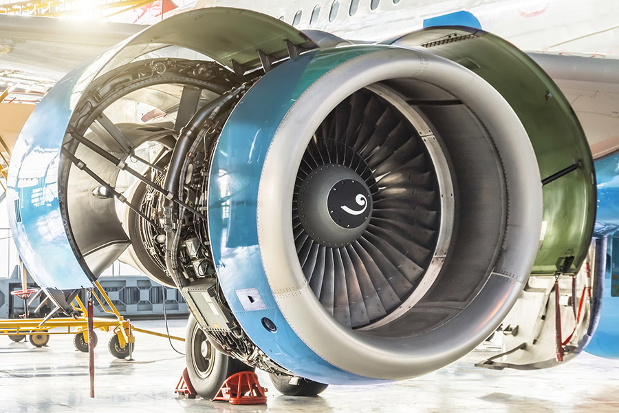 Turbine Engine Profile. Aviation Technologies. Aircraft jet engine detail in the exposition