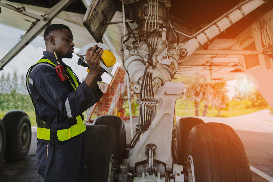 Mechanics inspect the engines of a large plane before takeoff at a summer airport.